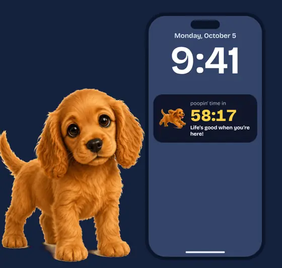 A puppy next to an iPhone showing the potty countdown on the Lock Screen